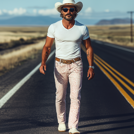 Men's Washed Denim Pants | Spring Summer Fashion | Retro Western Cowboy Style | Pink Leopard Print | Casual Wear | Comfortable Fit