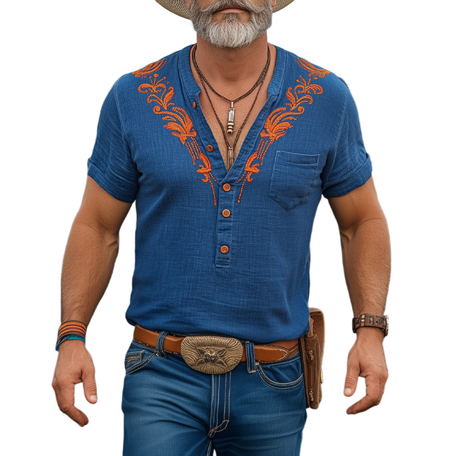 Men's Casual Retro Western Cowboy T-Shirt | Cotton Linen Blend | Embroidered Henley Collar | Short Sleeve Top | Spring Summer Vacation Style | Breathable Fabric | Comfortable Fit