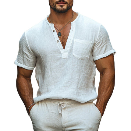 Men's Casual V-Neck T-Shirt | Short Sleeve Pullover | Cotton Linen Blend | Comfortable Fit | Breathable Material | Versatile Summer Tee
