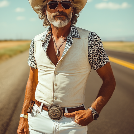 Men's Western Style Shirt | Suede Stitching | Leopard Print | Slim Fit | Short Sleeve | Lightweight Breathable Fabric | Retro Cowboy Aesthetic