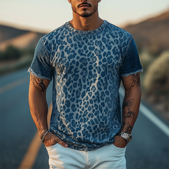 Men's Retro Western Cowboy T-Shirt | Denim Jacquard Fabric | Leopard Print | Short Sleeve | Stylish Vintage Design | Comfortable Fit | Durable | Breathable
