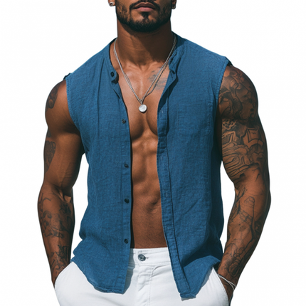 Men's Breathable Cotton Linen Sleeveless Shirt | Slim Fit | Stand Collar | Single-Breasted | Casual Summer Top | Lightweight | Versatile Warm Weather Apparel