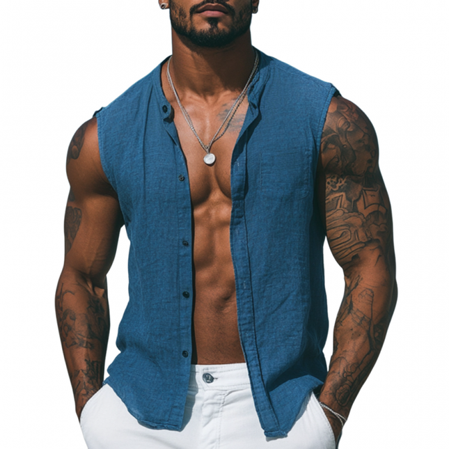 Men's Breathable Cotton Linen Sleeveless Shirt | Slim Fit | Stand Collar | Single-Breasted | Casual Summer Top | Lightweight | Versatile Warm Weather Apparel