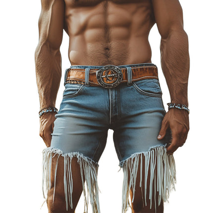 Men's Vintage Western Tassel Denim Shorts | Cowboy Style | Durable Cotton | Slim Fit | Mid-Rise | Frayed Hems | Versatile | Casual Outings | Festival Ready | Classic Design | Multiple Sizes Available