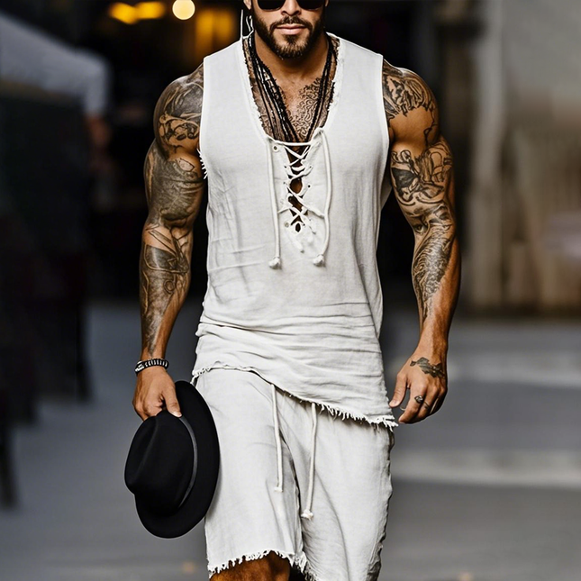 Men's Summer Outfit | Cotton Linen Blend | Lace-Up V Neck Sleeveless Tank Top | Elastic Waist Shorts | Casual Beachwear Set | Breathable Lightweight | Relaxed Fit | Stylish Men's Clothing