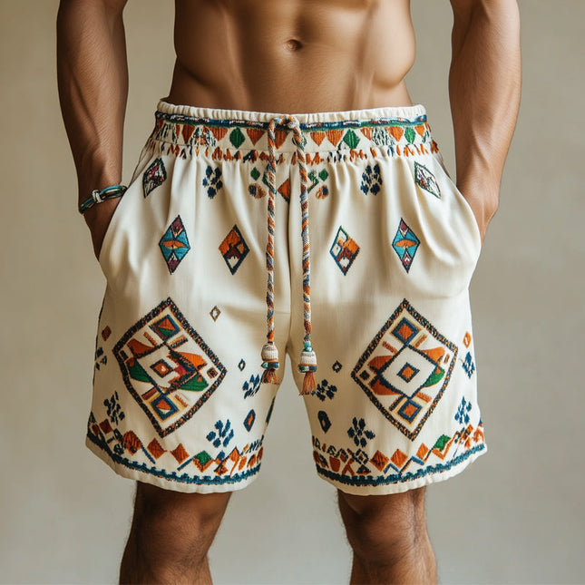 Men's Multicolor Geometric Embroidered Shorts | Cotton Blend | Adjustable Drawstring Waist | Mid-Thigh Length | Vibrant Summer Style | Breathable Fabric | Ideal for Beach and Casual Wear | Sizes S to 3XL