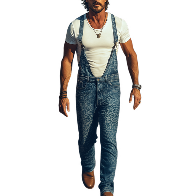 Men's Retro Western Style Overalls | Washed Denim Leopard Print | Spring Summer Fashion | Adjustable Straps | Rugged Cowboy Charm | Bold Streetwear Flair | High-Quality Material | Stylish and Comfortable