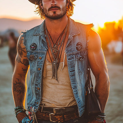 Men's Denim Vest | Vintage Distressed Western Style | Cowboy Lapel | Durable Denim | Classic Button-Up | MTA0984E5X