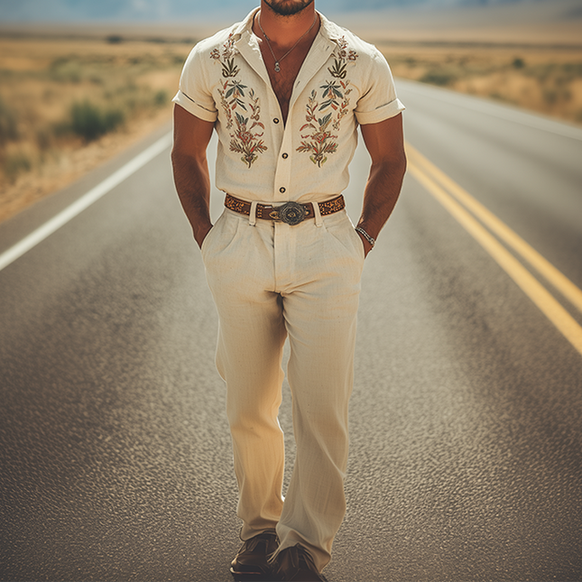 Men's Retro Western Embroidered Jumpsuit | Summer Cotton Linen One-Piece | Breathable Fabric | Intricate Design | Relaxed Fit | Functional Pockets | Easy Style | No Belt Required