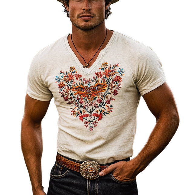 Men's Western T-Shirt | Embroidered Design | Round Neck | Short Sleeve | Casual Comfortable Fit | Stylish Wardrobe Essential