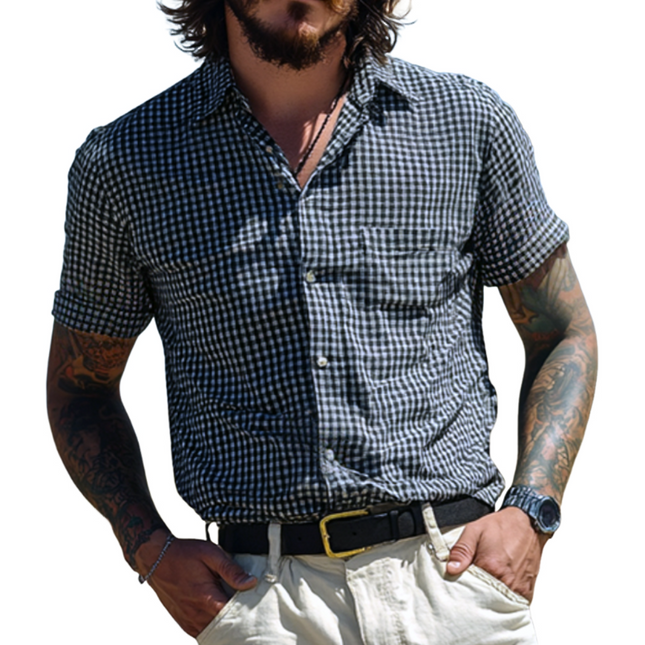 Men's Vintage Plaid Short Sleeve Shirt | Cotton Blend | Slim Fit | Lapel Collar | Patch Pocket | Retro Style | Casual Wear | Breathable Fabric