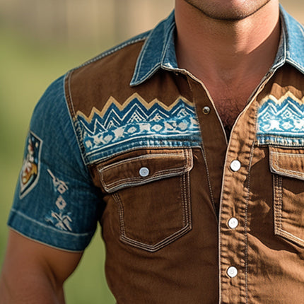 Men's Western Cowboy Style Shirt | Vintage Denim | Snap Button | Short Sleeve | Classic Western Look | Rugged Vintage Prints | Durable yet Soft Fabric | Perfect for Casual Days or Themed Events | Sizes S-3XL