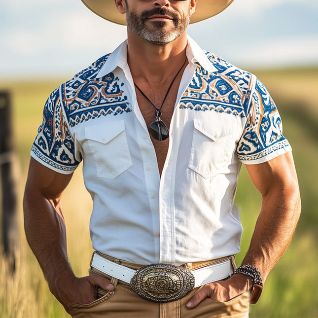 Men's Button-Down Shirt | Western Cowboy Style | Aztec Print | Short Sleeve | Relaxed Fit | Breathable Cotton Blend | Classic Lapel Collar | Bold Southwestern Design | Summer | Music Festivals | Casual Outings