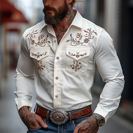 Men's Western Style Shirt | Embroidered Slim Fit | Classic American Design | Long Sleeve Cotton | High-Quality Fabric | Versatile for Casual & Semi-Formal Occasions | Timeless Americana Fashion