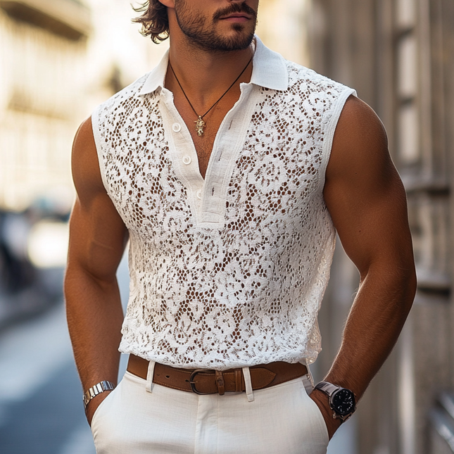 Men's Sleeveless Tank Top | Lace Lapel | Casual Summer Shirt | Soft Breathable Fabric | Elegant Lace Accent | Comfortable Fit | Stylish Casual Wear for Men