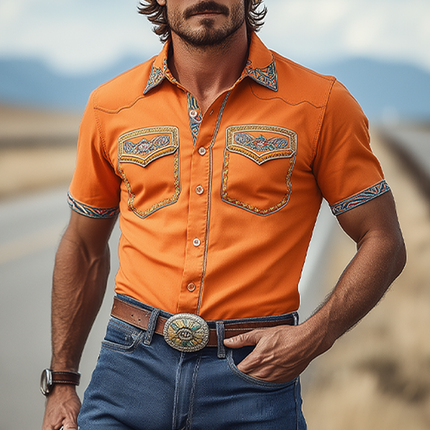 Men's Cotton Blend Western Shirt | Retro Cowboy Style | Short Sleeve | Exquisite Embroidery | Casual Slim Fit | Breathable & Comfortable | Vintage Design