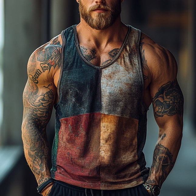 Men's Vintage Vest | Color Block Print | Crew Neck | High-Quality Fabric | Retro Design | Regular Fit | Comfortable Wear | Stylish Look | Versatile Wardrobe Essential