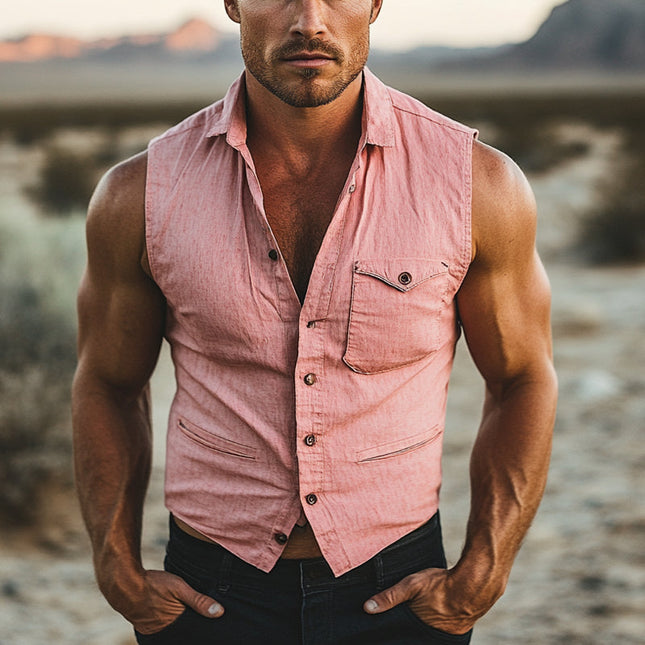 Men's Vest | Western Cowboy Style | Cotton Linen Blend | Solid Color | Classic Lapel Design | Versatile Fashion | Casual & Smart-Casual Outfits | Rugged Elegance | Durable Stitching | Breathable Comfort
