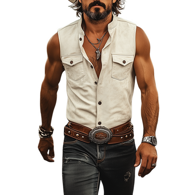 Men's Sleeveless Suede Shirt | Stand Collar | Slim Fit | Retro Western Cowboy Style | Lightweight Faux Suede | Vintage Design | Spring & Summer Casual Wear | Rugged yet Modern Fashion