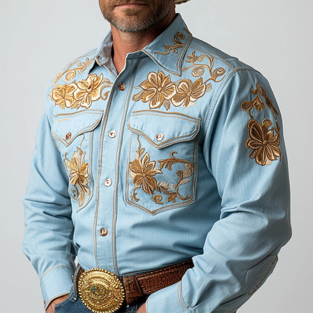 Men's Western Cowboy Style Denim Shirt | Thin Embroidered Long Sleeve | Lightweight Summer Apparel
