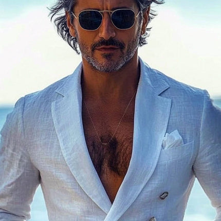 Men's Blazer | Solid Color | Double-Breasted | Cotton Linen Blend | Lightweight | Slim Fit | Notch Lapels | Spring Summer Smart Casual Formal Wear