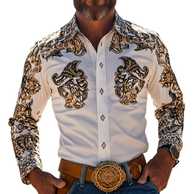 Men's Western Cowboy Style Shirt | Retro Vintage Print | Long Sleeve | Lapel Collar | Casual Wear | High-Quality Cotton Blend | S to 3XL | Ideal for Country Festivals | Breathable & Durable | Timeless Design