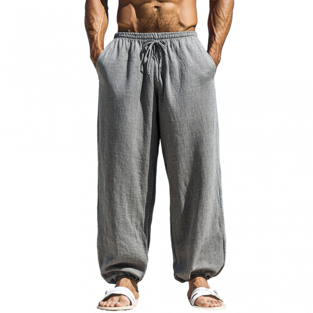 Men's Breathable Cotton Linen Pants | Elastic Waist | Loose Fit Cuffed Ankle | Solid Color | Casual Style | Lightweight Fabric | Side Pockets | Easy Care
