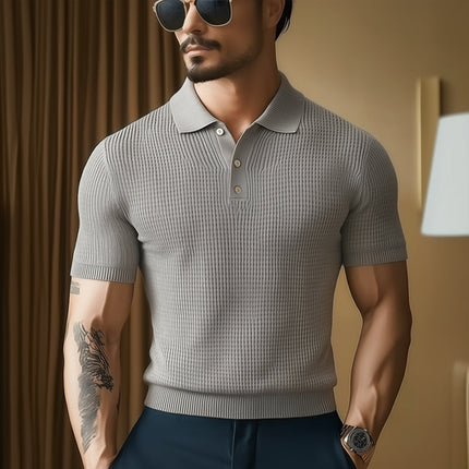 Men's Summer Knitted Polo Neck Short Sleeve Shirt | Business Casual Top | Soft Breathable Fabric | Tailored Fit | Button Placket | Versatile Solid Colors | Sizes Available