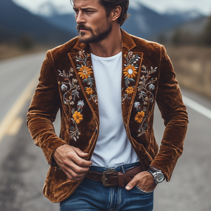 Men's Velvet Blazer | Classic Retro Slim Fit | Single Breasted | Embroidered Design | Elegant Outerwear | Formal & Stylish Events | Luxurious Craftsmanship | Sophisticated Garment | Versatile Fashion Piece