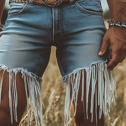 Men's Vintage Western Tassel Denim Shorts | Cowboy Style | Durable Cotton | Slim Fit | Mid-Rise | Frayed Hems | Versatile | Casual Outings | Festival Ready | Classic Design | Multiple Sizes Available