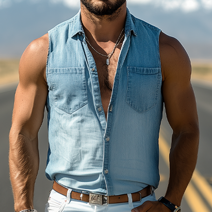 Men's Sleeveless Shirt | Washed Tencel Denim | Western Cowboy Style | Fashionable Casual Wear | Spring & Summer Fashion | Breathable & Lightweight | Button-Down | Vintage Look | Ideal for Hot Climates