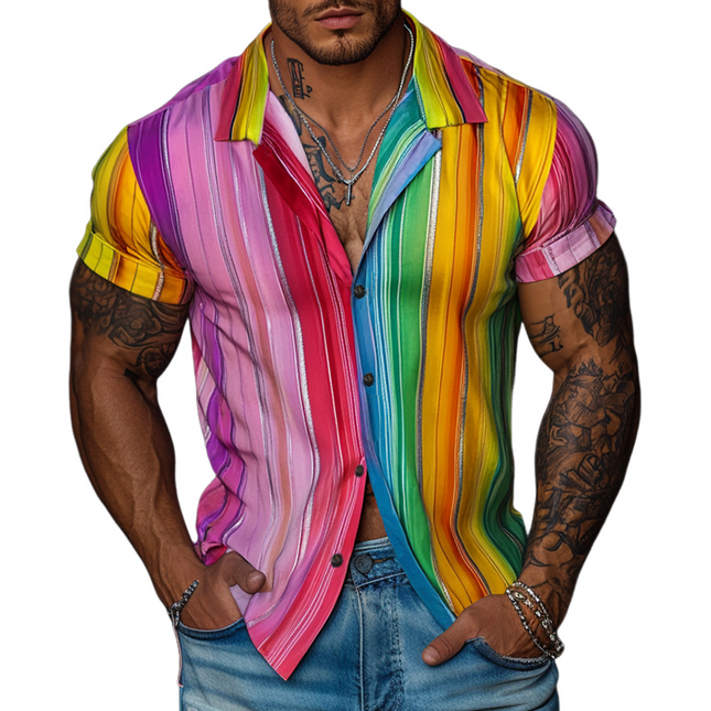 Men's Retro Rainbow Stripe Shirt | Short Sleeve Lapel | Vintage-Inspired Casual Top | Breathable Cotton | Vibrant Patterns | Spring Summer Style | S to 3XL