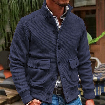 Men's Stand Collar Polyester Jacket | Solid Color | Single-breasted | Two Flap Waist Pockets | Machine Washable | Autumn Winter Spring | Street Beat Casual Biker Style