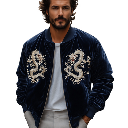 Men's Velvet Jacket | Navy Blue | Vintage Dragon Embroidery | Long Sleeve | Classic Stand Collar | Regular Fit | Front Zipper | Luxurious Fabric | Evening & Casual Wear | Sizes S-XXXL | Symbolic Style