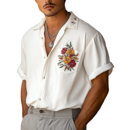 Men's Casual Chiffon Embroidered Shirt | Lightweight Short Sleeve | Turn-Down Collar | Artistic Details | Ideal for Warm Weather | Regular Fit | Versatile Style | Perfect for Casual or Semi-Formal Occasions
