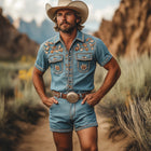 Men's Summer Retro Embroidered Denim Set | Short Sleeve Shirt & Shorts | Lightweight Breathable Fabric | Vintage Casual Outfit | Intricate Embroidery | Classic Collar | Sizes S-3XL | Easy Care Machine Washable