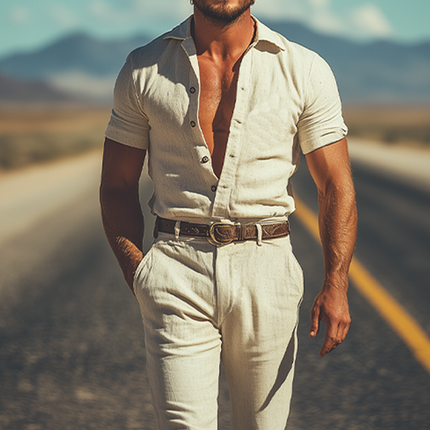 Men's Retro Western Cotton Linen Jumpsuit | Summer Fashion | No Belt | Lightweight Breathable Fabric | Casual One-Piece Outfit | Comfortable Fit | Pockets Included | Stylish Summer Wardrobe Essential