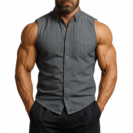 Men's Vintage Washed Distressed Denim Sleeveless Shirt | Slim Fit | Lapel Collar | Patch Pocket | Rugged Casual Style | Streetwear Layering | Durable Fashionable Top