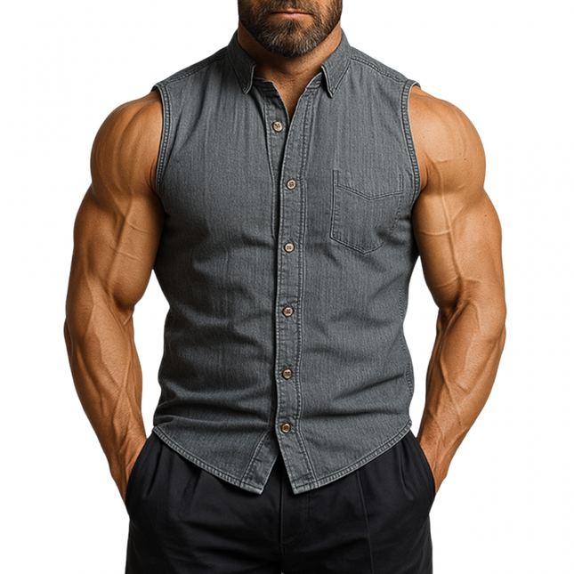 Men's Vintage Washed Distressed Denim Sleeveless Shirt | Slim Fit | Lapel Collar | Patch Pocket | Rugged Casual Style | Streetwear Layering | Durable Fashionable Top