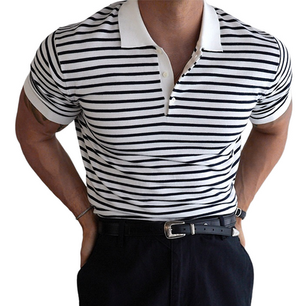 Men's Striped Polo Shirt | Short Sleeve | Lapel Collar | Soft Breathable Cotton Blend | Modern Fashionable Stripes | Regular Fit | Versatile Casual & Smart-Casual Wear | Multiple Sizes Available