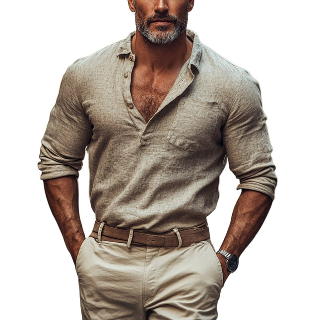 Men's Long Sleeve Pullover Shirt | Cotton Linen Blend | Breathable Lightweight Fabric | Casual Semi-Formal | Versatile Colors | Durable and Comfortable