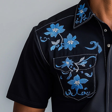Men's Floral Embroidery Short Sleeve Shirt | Western Style | Summer Fashion Blended Fabric | Elegant & Comfortable | Tailored Fit | Versatile Design