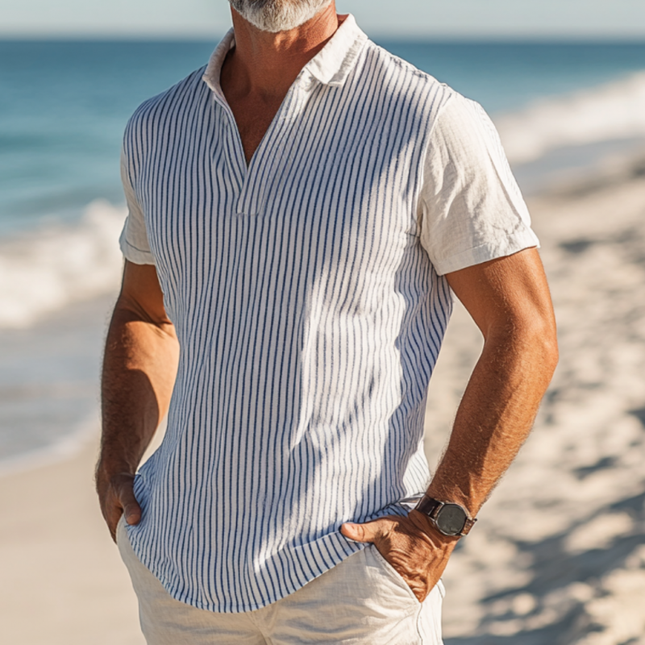 Men's Linen Casual Shirt | Striped Color Block | Breathable | Slim Fit | Short Sleeve | Lapel Collar | Summer Fashion | Outdoor & Beachwear | Lightweight & Comfortable