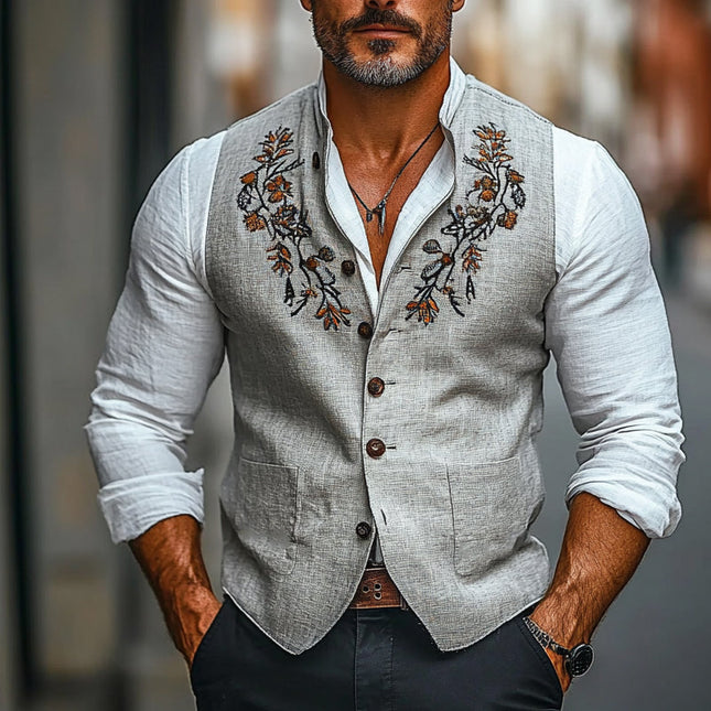 Men's Vintage Embroidered Vest | Stand Collar | Sleeveless Outerwear | Lightweight Fabric | Comfort Fit | Artistic Design | Layering Essential | Machine Washable