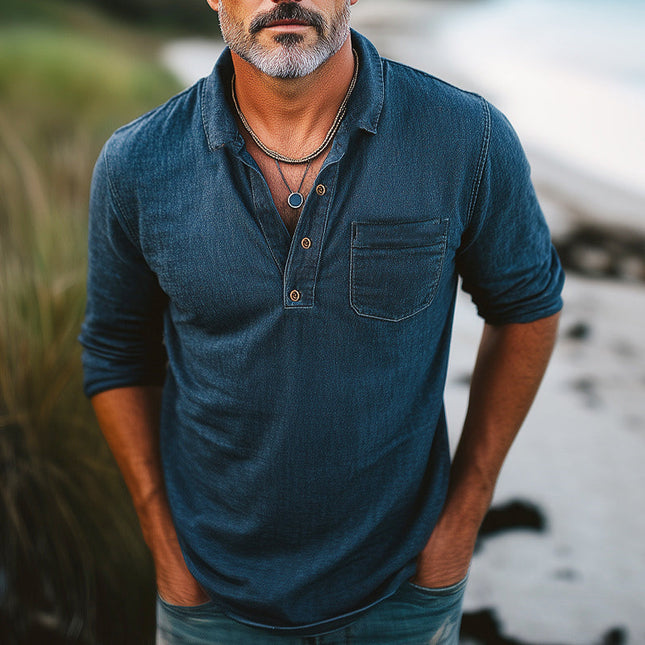 Men's Distressed Denim Polo Neck T-Shirt | Comfortable Cotton Blend | Classic Fit | Casual Style | Ribbed Collar | Hidden Placket | Trendy Urban Look | Blue Black Green | Sizes Small to 3XL
