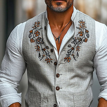 Men's Vintage Embroidered Vest | Stand Collar | Sleeveless Outerwear | Lightweight Fabric | Comfort Fit | Artistic Design | Layering Essential | Machine Washable