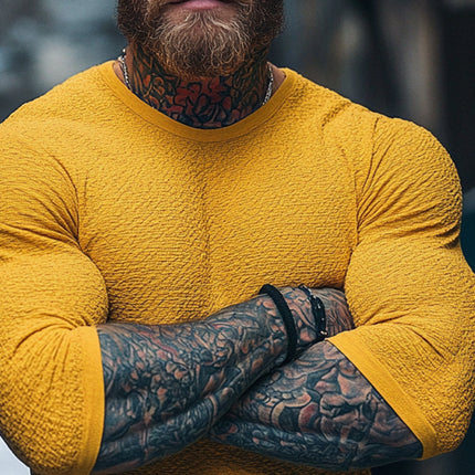 Men's Long Sleeve Textured Round Neck T-Shirt | Solid Color | Versatile Casual & Semi-Formal Wear | Comfortable Fit | High-Quality Durable Fabric | Modern Silhouette | Multiple Colors Available