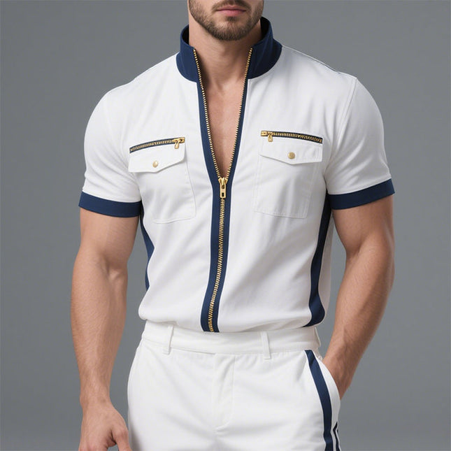 Men's Casual Jacket | Contrast Color | Stand Collar | Short Sleeve | Stylish Outerwear | Versatile Fashion | High-Quality Fabric | Statement Design | Modern Gentleman | Comfortable & Chic