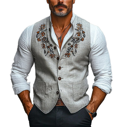 Men's Vintage Embroidered Vest | Stand Collar | Sleeveless Outerwear | Lightweight Fabric | Comfort Fit | Artistic Design | Layering Essential | Machine Washable