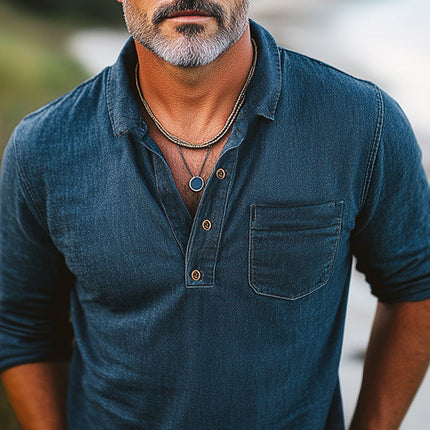 Men's Distressed Denim Polo Neck T-Shirt | Comfortable Cotton Blend | Classic Fit | Casual Style | Ribbed Collar | Hidden Placket | Trendy Urban Look | Blue Black Green | Sizes Small to 3XL